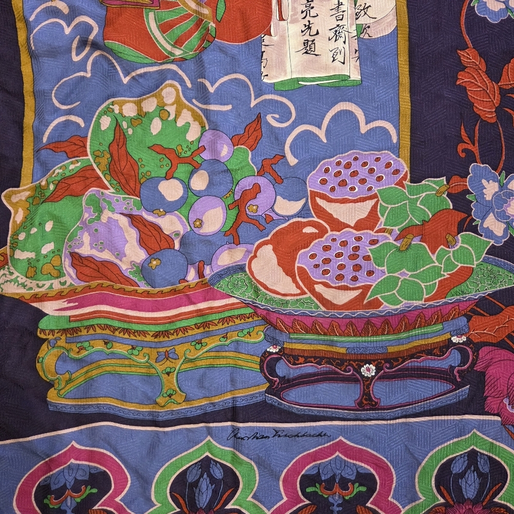 Vintage Christian Fischbacher 100% Silk Scarf With Japanese Print - Picture 2 of 8